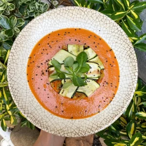 Pastelillo de calabacín rellenado de verduras y salsa de tomate natural