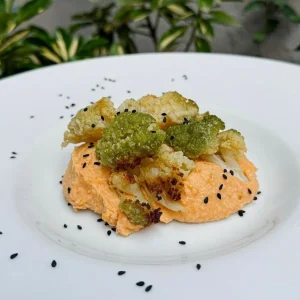 HUMMUS de judías con brécol al horno y picadura de ajo y jengibre