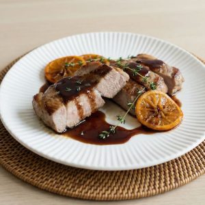 Secreto a baja temperatura con reducción de vino tinto dulce